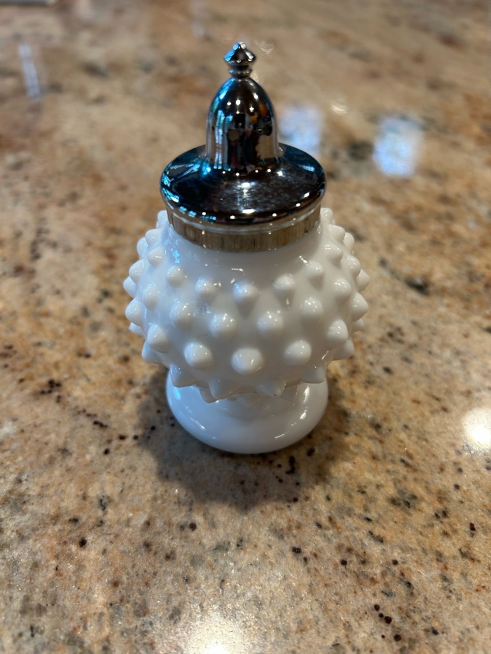 Fenton Round White Hobnail Milk Glass Salt Shaker w/Stainless Silver Top 4” tall
